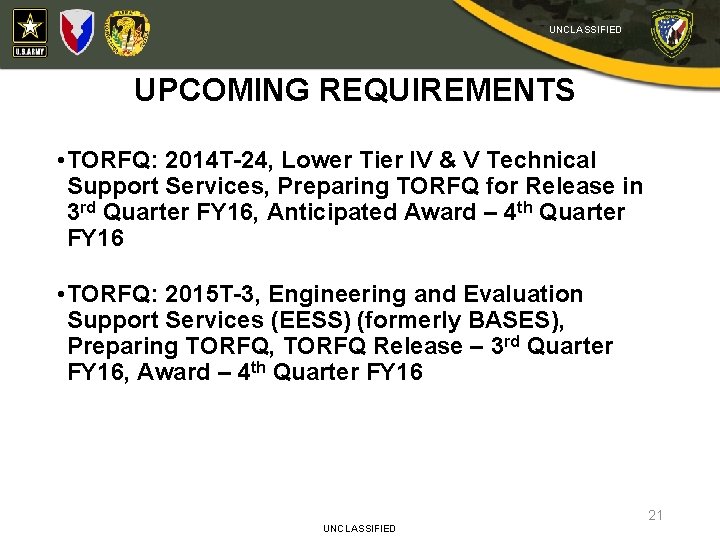 UNCLASSIFIED UPCOMING REQUIREMENTS • TORFQ: 2014 T-24, Lower Tier IV & V Technical Support