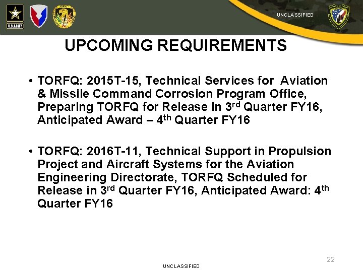 UNCLASSIFIED UPCOMING REQUIREMENTS • TORFQ: 2015 T-15, Technical Services for Aviation & Missile Command