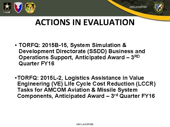 UNCLASSIFIED ACTIONS IN EVALUATION • TORFQ: 2015 B-15, System Simulation & Development Directorate (SSDD)