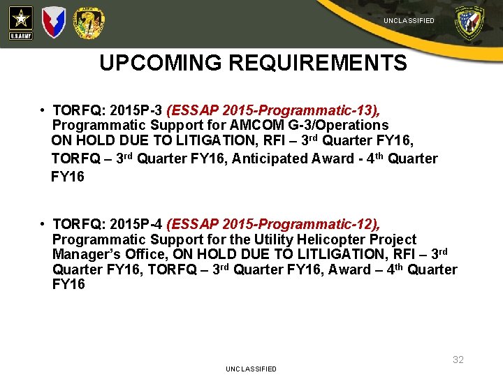 UNCLASSIFIED UPCOMING REQUIREMENTS • TORFQ: 2015 P-3 (ESSAP 2015 -Programmatic-13), Programmatic Support for AMCOM