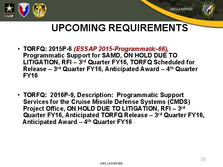 UNCLASSIFIED UPCOMING REQUIREMENTS • TORFQ: 2015 P-6 (ESSAP 2015 -Programmatic-66), Programmatic Support for SAMD,