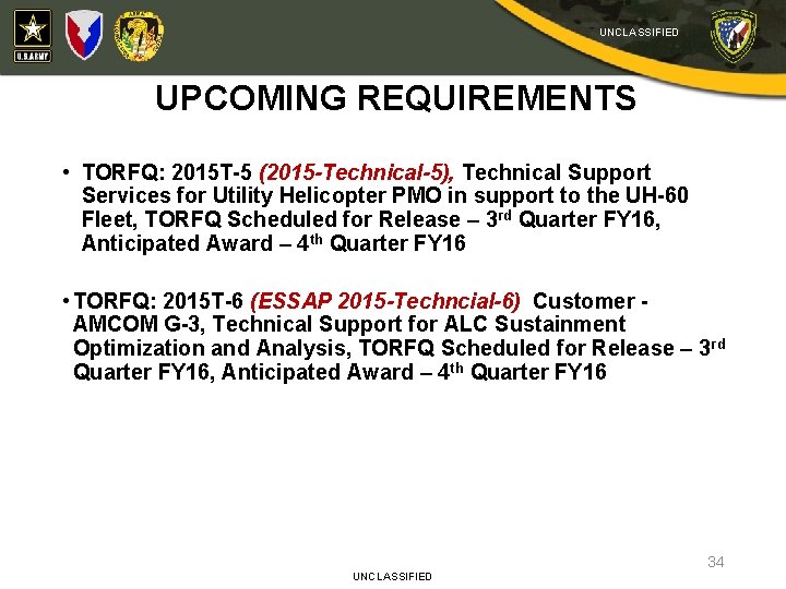 UNCLASSIFIED UPCOMING REQUIREMENTS • TORFQ: 2015 T-5 (2015 -Technical-5), Technical Support Services for Utility