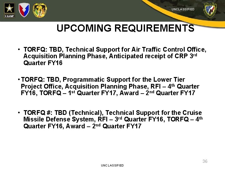 UNCLASSIFIED UPCOMING REQUIREMENTS • TORFQ: TBD, Technical Support for Air Traffic Control Office, Acquisition