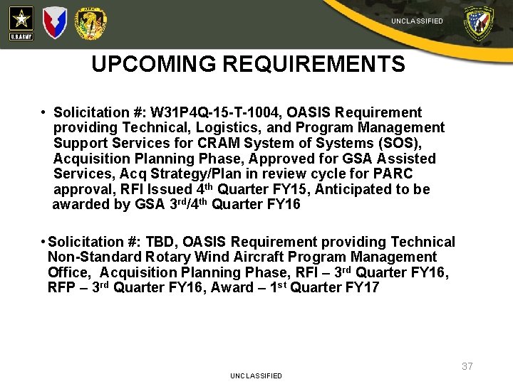 UNCLASSIFIED UPCOMING REQUIREMENTS • Solicitation #: W 31 P 4 Q-15 -T-1004, OASIS Requirement