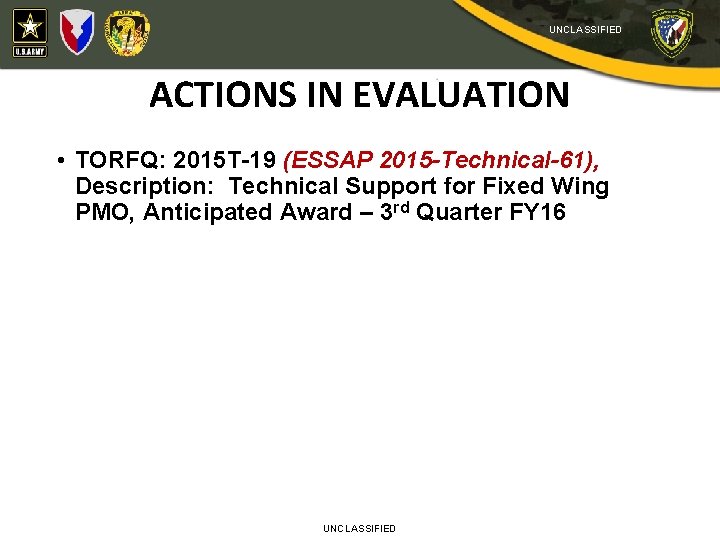 UNCLASSIFIED ACTIONS IN EVALUATION • TORFQ: 2015 T-19 (ESSAP 2015 -Technical-61), Description: Technical Support