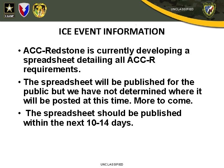 UNCLASSIFIED ICE EVENT INFORMATION • ACC-Redstone is currently developing a spreadsheet detailing all ACC-R