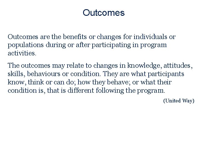 Outcomes are the benefits or changes for individuals or populations during or after participating