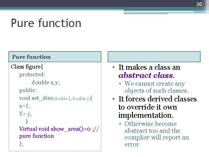 30 Pure function Class figure{ protected: double x, y; public: void set_dim(double I, double 30 Pure function Class figure{ protected: double x, y; public: void set_dim(double I, double