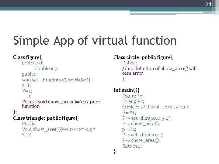 31 Simple App of virtual function Class figure{ protected: double x, y; public: void 31 Simple App of virtual function Class figure{ protected: double x, y; public: void