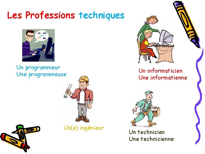 Les Professions techniques Un programmeur Une programmeuse Un(e) ingénieur Un informaticien Une informatienne Un
