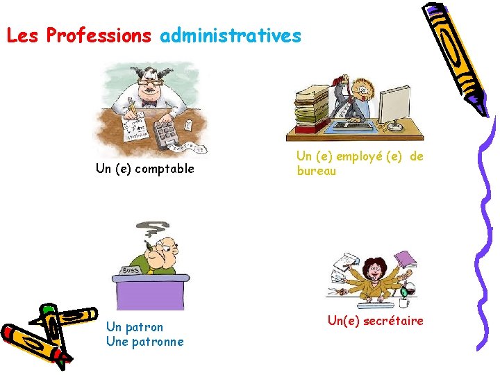 Les Professions administratives Un (e) comptable Un patron Une patronne Un (e) employé (e)
