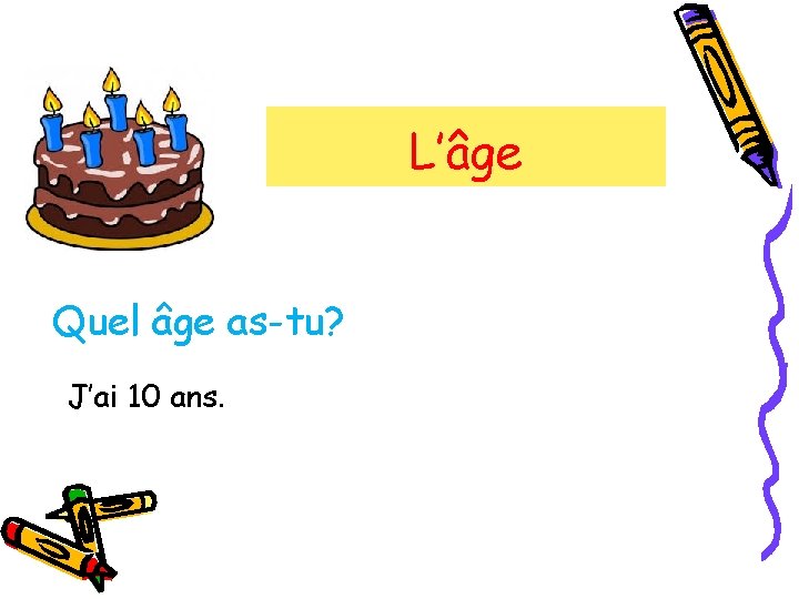 L’âge Quel âge as-tu? J’ai 10 ans. 