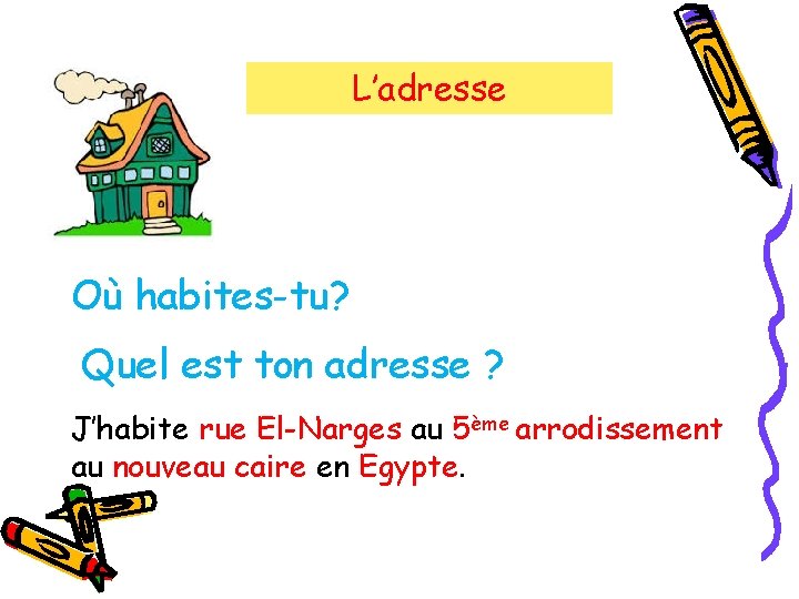 L’adresse Où habites-tu? Quel est ton adresse ? J’habite rue El-Narges au 5ème arrodissement