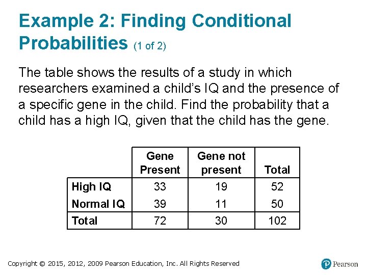 Example 2: Finding Conditional Probabilities (1 of 2) The table shows the results of