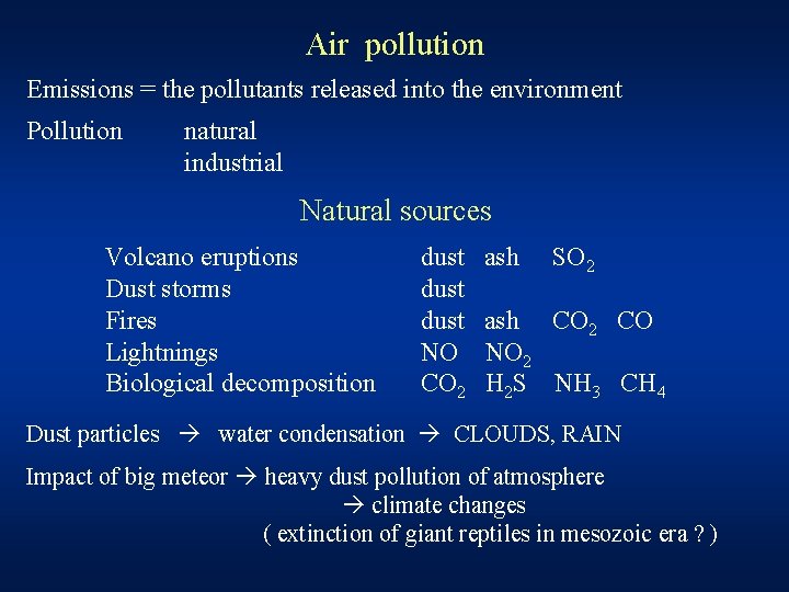 Air pollution Emissions = the pollutants released into the environment Pollution natural industrial Natural