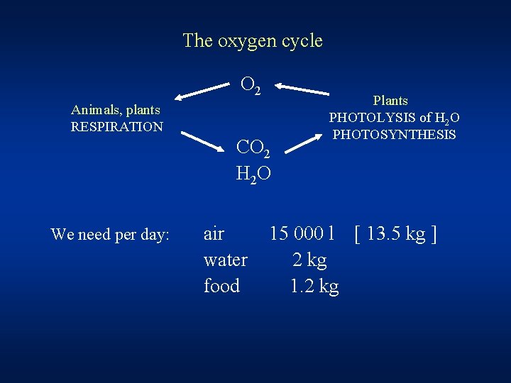 The oxygen cycle O 2 Animals, plants RESPIRATION CO 2 H 2 O We