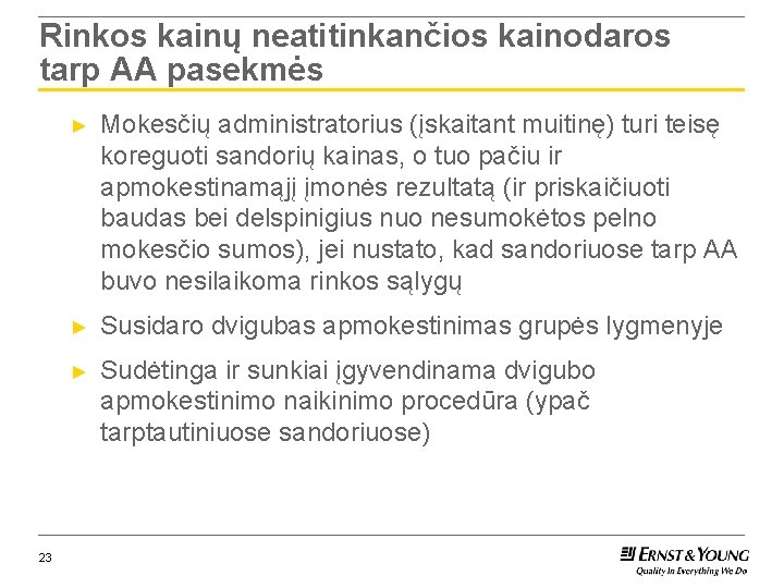 Rinkos kainų neatitinkančios kainodaros tarp AA pasekmės 23 ► Mokesčių administratorius (įskaitant muitinę) turi