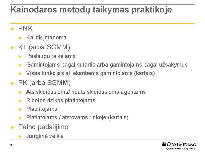 Kainodaros metodų taikymas praktikoje ► PNK ► ► K+ (arba SGMM) ► ► ►