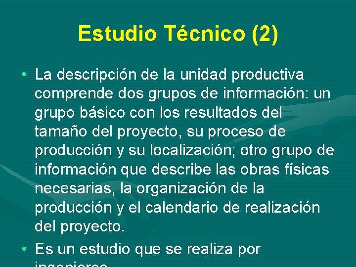 Estudio Técnico (2) • La descripción de la unidad productiva comprende dos grupos de