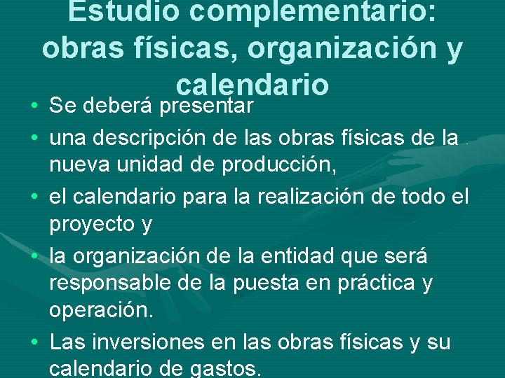 Estudio complementario: obras físicas, organización y calendario • Se deberá presentar • una descripción