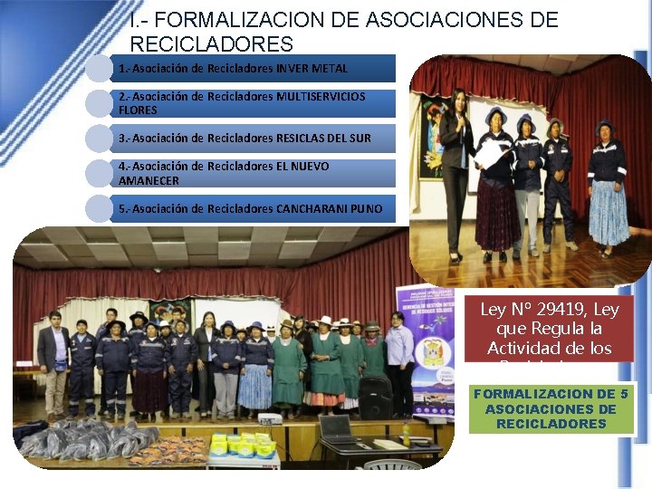 I. - FORMALIZACION DE ASOCIACIONES DE RECICLADORES 1. -Asociación de Recicladores INVER METAL 2. I. - FORMALIZACION DE ASOCIACIONES DE RECICLADORES 1. -Asociación de Recicladores INVER METAL 2.