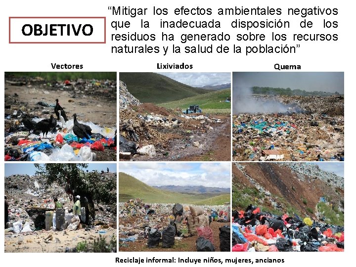 OBJETIVO Vectores “Mitigar los efectos ambientales negativos que la inadecuada disposición de los residuos OBJETIVO Vectores “Mitigar los efectos ambientales negativos que la inadecuada disposición de los residuos