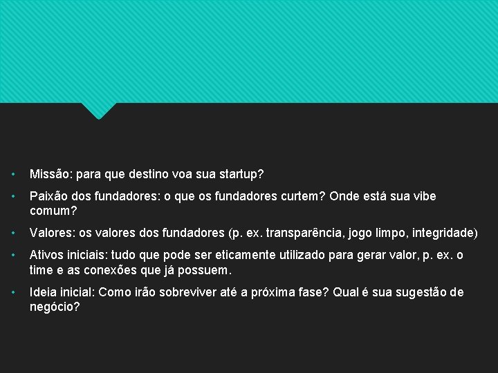  • Missão: para que destino voa sua startup? • Paixão dos fundadores: o