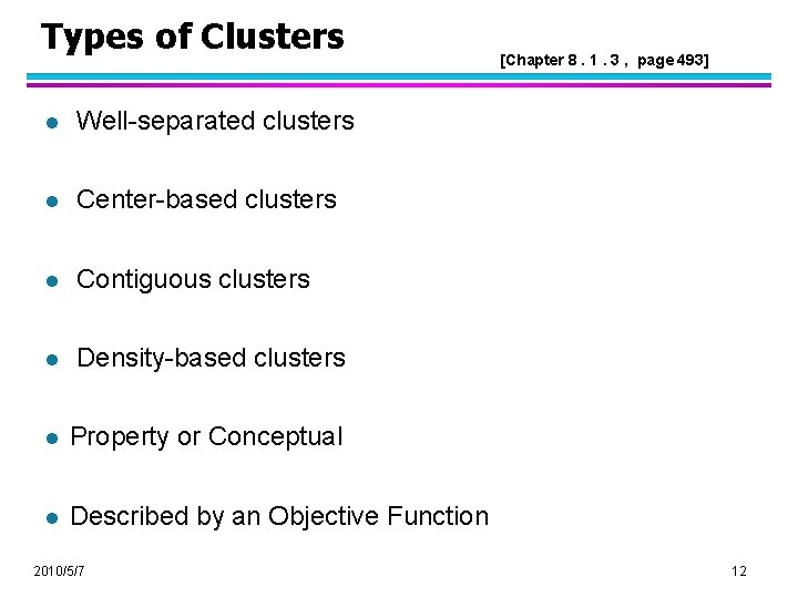 Types of Clusters l Well-separated clusters l Center-based clusters l Contiguous clusters l Density-based