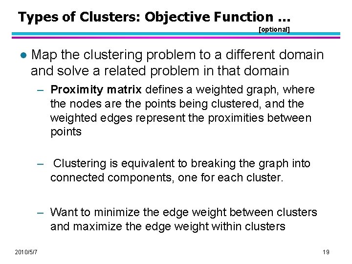 Types of Clusters: Objective Function … [optional] l Map the clustering problem to a