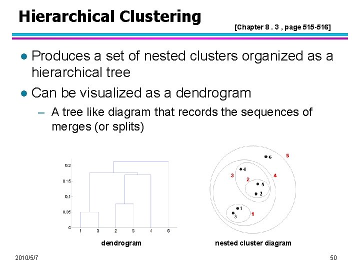 Hierarchical Clustering [Chapter 8. 3 , page 515 -516] Produces a set of nested
