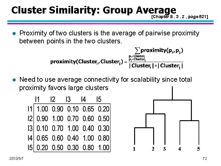 Cluster Similarity: Group Average [Chapter 8. 3. 2 , page 521] l Proximity of