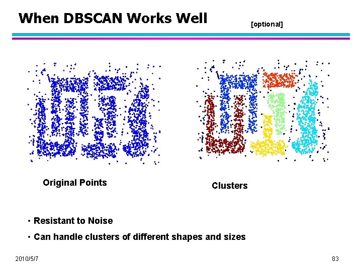 When DBSCAN Works Well Original Points [optional] Clusters • Resistant to Noise • Can