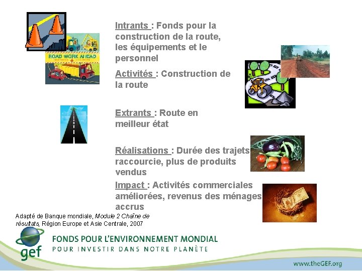 Intrants : Fonds pour la construction de la route, les équipements et le personnel