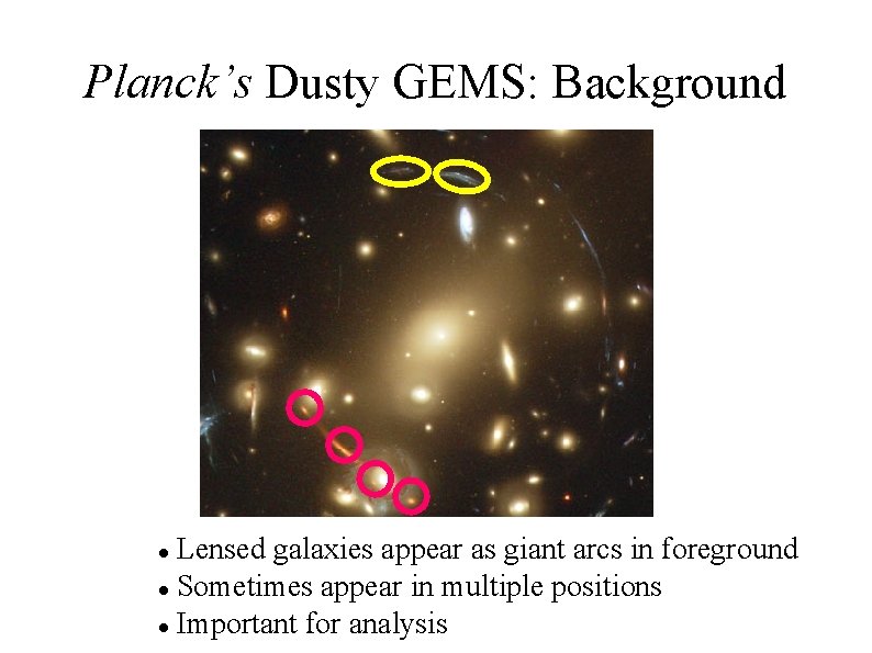 Planck’s Dusty GEMS: Background Lensed galaxies appear as giant arcs in foreground Sometimes appear