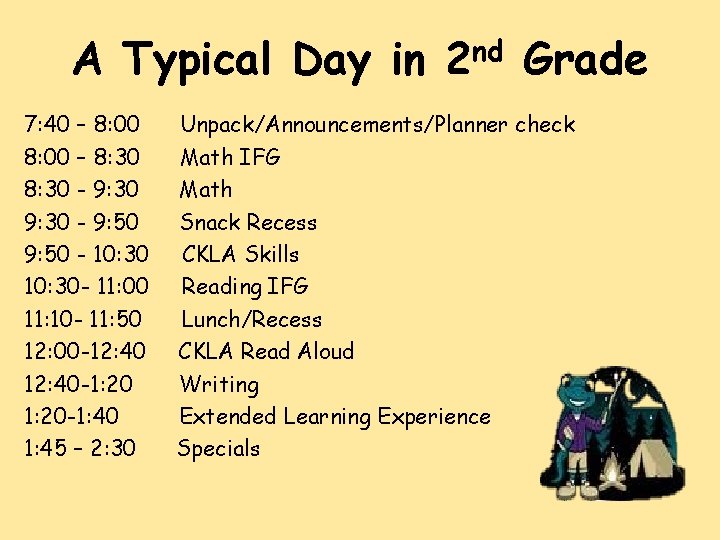 A Typical Day in 2 nd Grade 7: 40 – 8: 00 – 8: