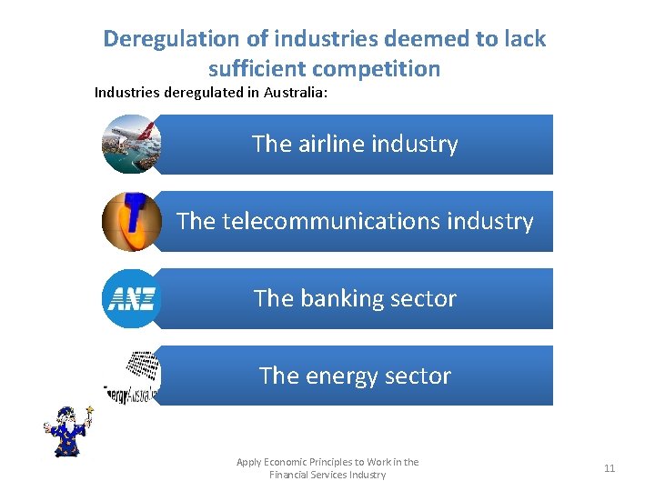 Deregulation of industries deemed to lack sufficient competition Industries deregulated in Australia: The airline