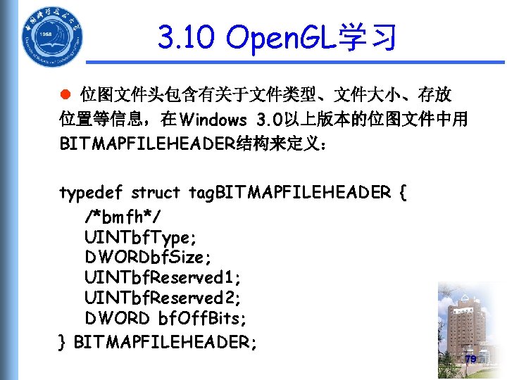 3. 10 Open. GL学习 l 位图文件头包含有关于文件类型、文件大小、存放 位置等信息，在Windows 3. 0以上版本的位图文件中用 BITMAPFILEHEADER结构来定义： typedef struct tag. BITMAPFILEHEADER