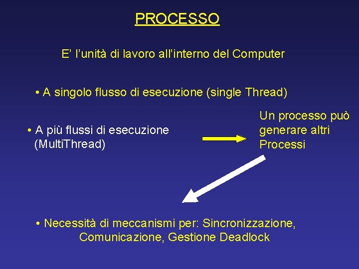 PROCESSO E’ l’unità di lavoro all’interno del Computer • A singolo flusso di esecuzione