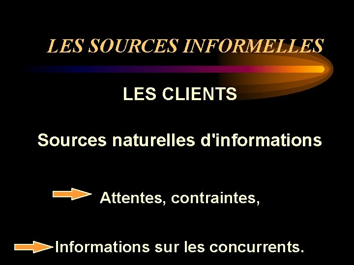 LES SOURCES INFORMELLES CLIENTS Sources naturelles d'informations Attentes, contraintes, Informations sur les concurrents. 