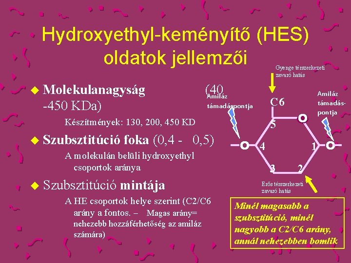 Hydroxyethyl-keményítő (HES) oldatok jellemzői Gyenge térszerkezeti zavaró hatás u Molekulanagyság -450 KDa) (40 Amiláz