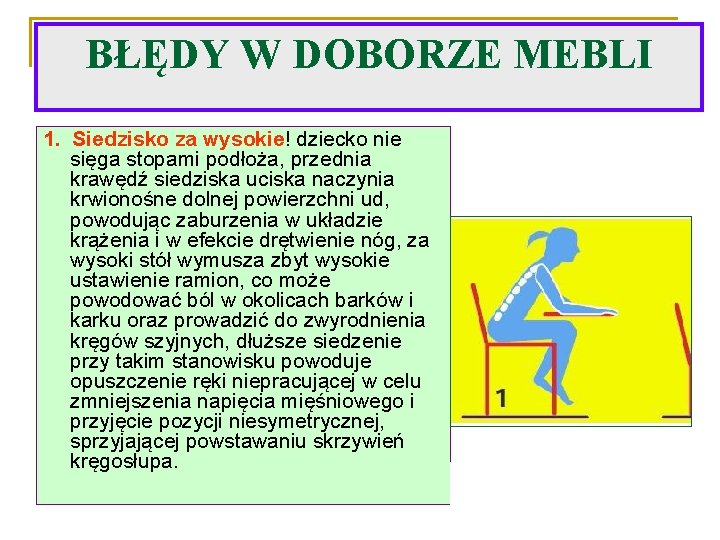 BŁĘDY W DOBORZE MEBLI 1. Siedzisko za wysokie! dziecko nie sięga stopami podłoża, przednia