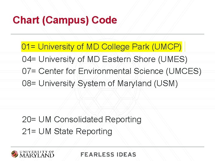 Chart (Campus) Code 01= University of MD College Park (UMCP) 04= University of MD