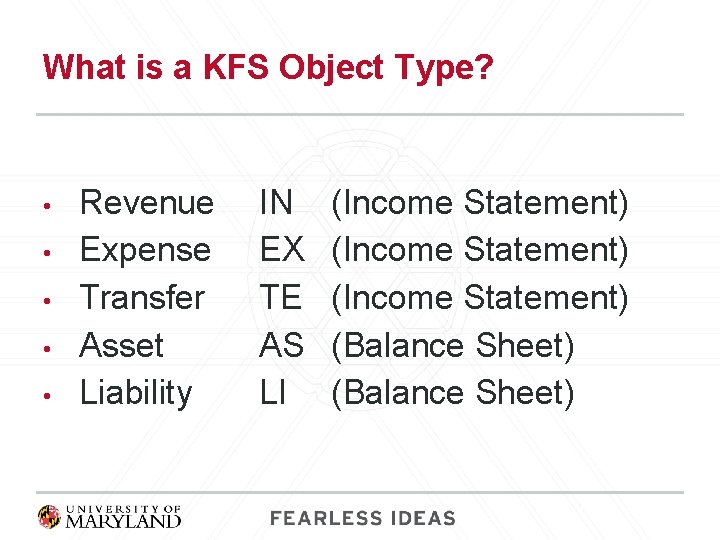 What is a KFS Object Type? • • • Revenue Expense Transfer Asset Liability
