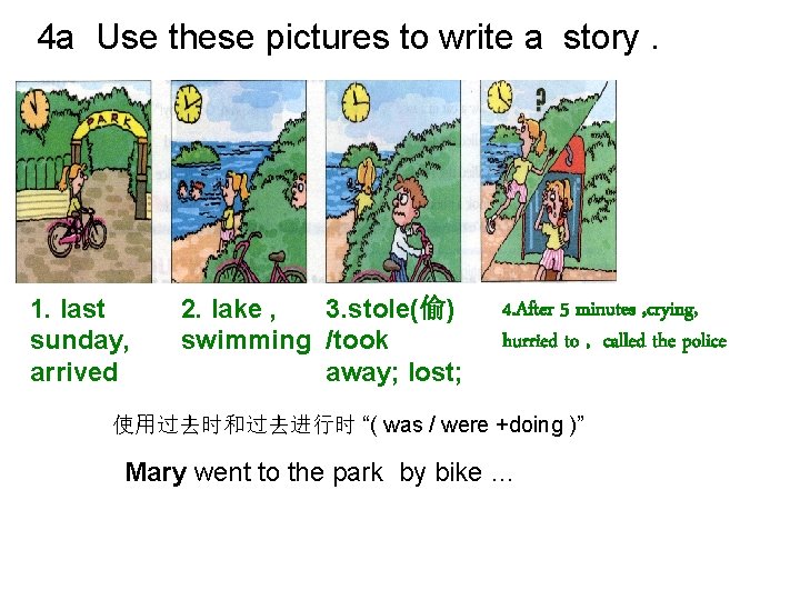 4 a Use these pictures to write a story. 1. last sunday, arrived 2.