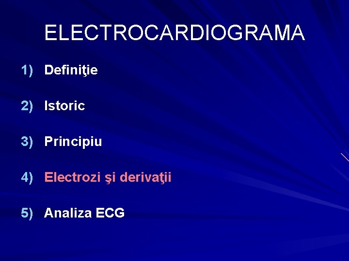 ELECTROCARDIOGRAMA 1) Definiţie 2) Istoric 3) Principiu 4) Electrozi şi derivaţii 5) Analiza ECG