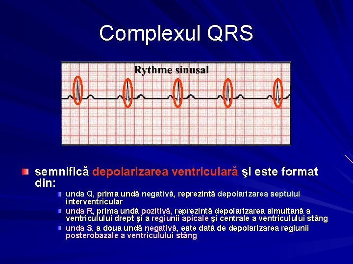 Complexul QRS semnifică depolarizarea ventriculară şi este format din: unda Q, prima undă negativă,