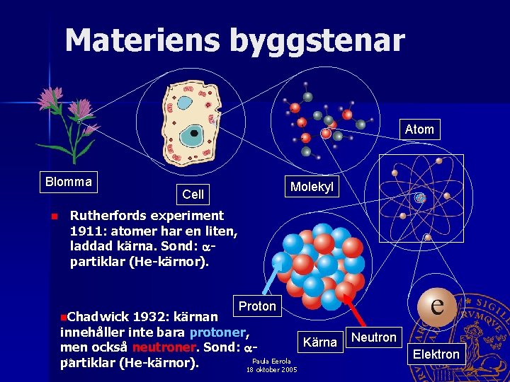 Materiens byggstenar Atom Blomma n Molekyl Cell Rutherfords experiment 1911: atomer har en liten,