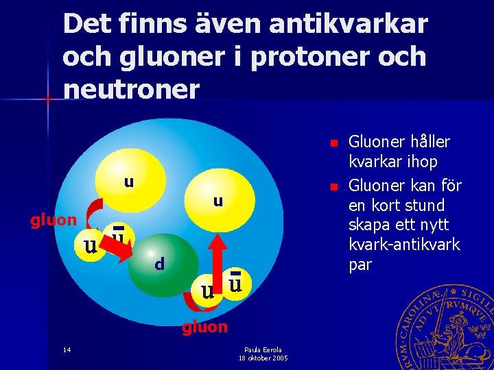 Det finns även antikvarkar och gluoner i protoner och neutroner n u gluon d