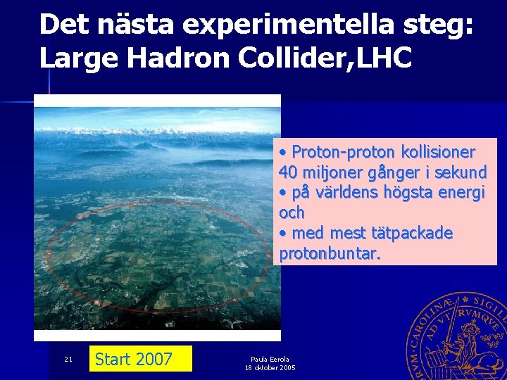 Det nästa experimentella steg: Large Hadron Collider, LHC • Proton-proton kollisioner 40 miljoner gånger