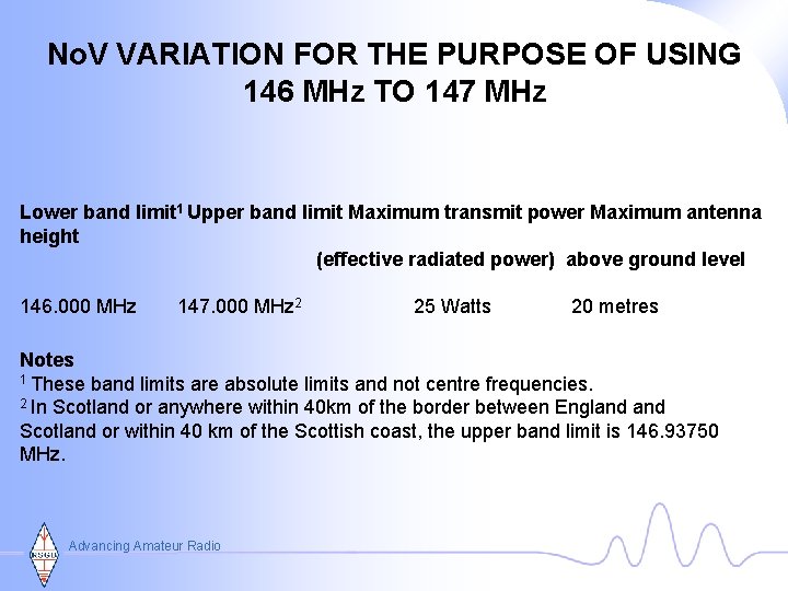 No. V VARIATION FOR THE PURPOSE OF USING 146 MHz TO 147 MHz Lower